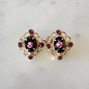 Vintage Hand Painted Rose Floral Rhinestone Filigree Scatter Pins